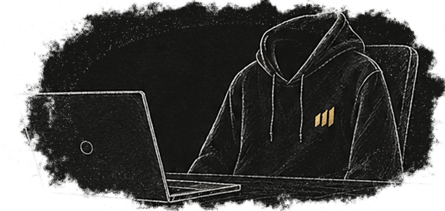 A calm maker in a hoodie with the gold Munshey Tech mark on the chest, working at a laptop, sketched in chalk